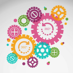 Shows multi-coloured interlocking gears working together meant to convey a beneficial 360-degree feedback system and how many people and factors work together in it