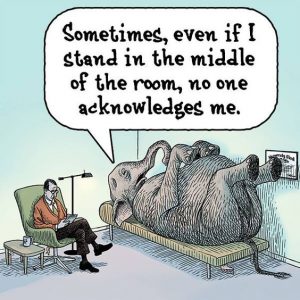 Elephant in a therapist's couch saying that sometimes even in the middle of the room no one acknowledges it. It's a joke on the the proverbial use of "the elephant in the room" which means any issues too important or striking not to ignore. Just like 360 degree feedback is!