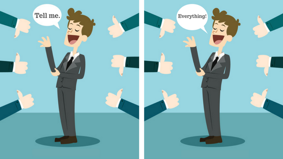 Depicts an individual over two panels surrounded by various thumbs pointing upward and downward indicating positive and negative feedback received in a 360-degree feedback process. The individual is says "Tell me" in the first panel and "Everything" in the second panel implying that they are welcoming all the positive & negative feedback